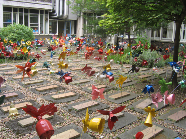 field of recycled plastic flowers